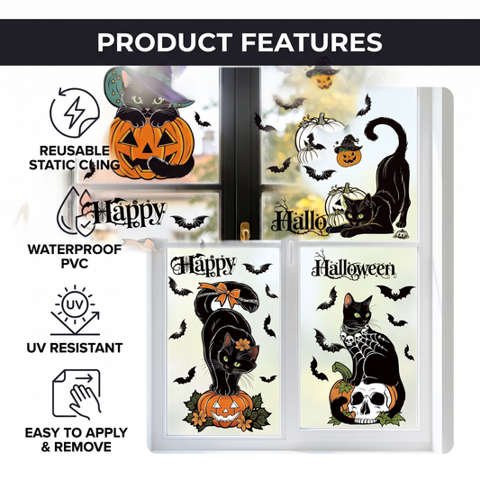 Spooky Black Cat Pumpkin Window Stickers – 8 Pack