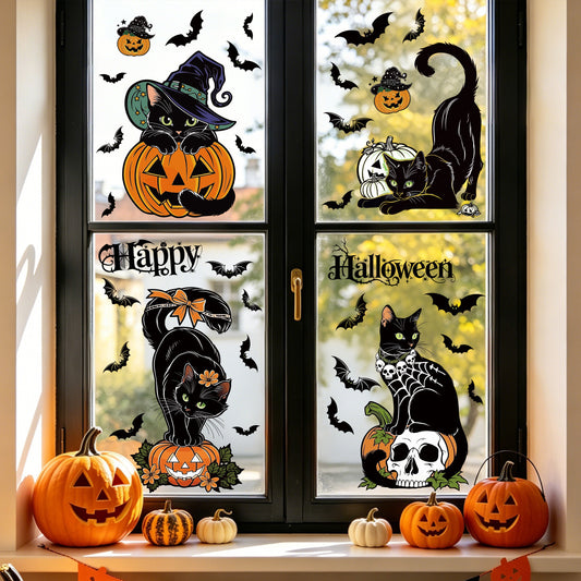 Spooky Black Cat Pumpkin Window Stickers – 8 Pack