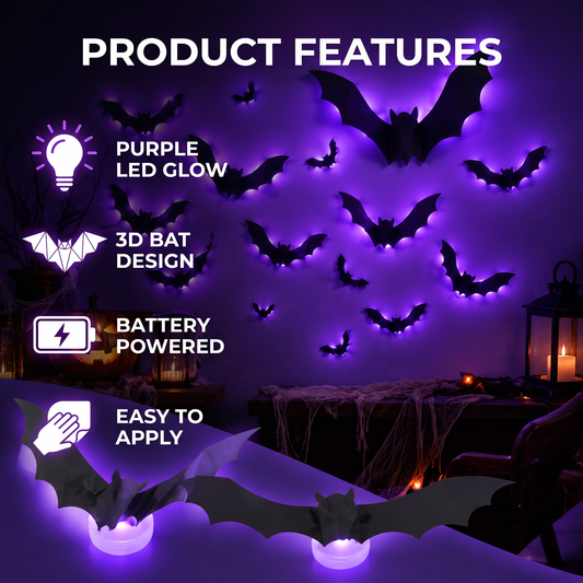 Light-Up 3D Bat Wall Stickers – 24 Pack